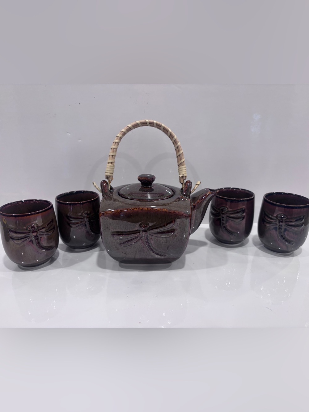 Adeline Vintage Porcelain Dragon Fly Tea Set- Pot And 4 Mugs-iridescent Glaze